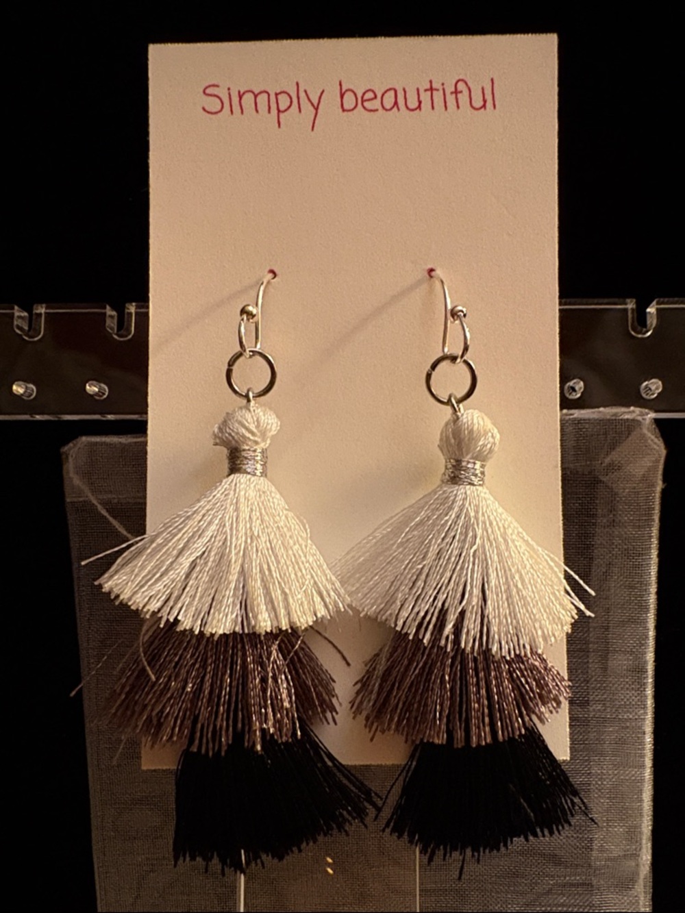 Simply Beautiful Three-Tier Tassel Drop Earrings in White, Gray & Black